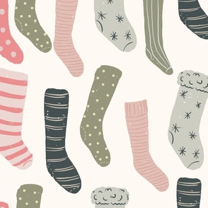 large Stockings Hung with care in cream, pink, peach, artichoke green, and navy blue