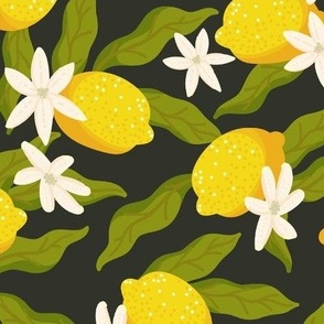 Olive green pattern with lemons and white flowers 