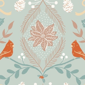 large winter wonderland holiday birds, greenery and poinsettia in teal, crimson red, and cream