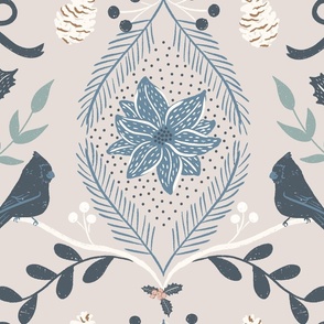 large winter wonderland holiday birds, greenery and poinsettia in taupe, navy blue, and eggshell white