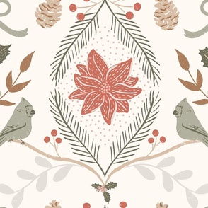 large winter wonderland holiday birds, greenery and poinsettia in eggshell white, artichoke green and crimson red