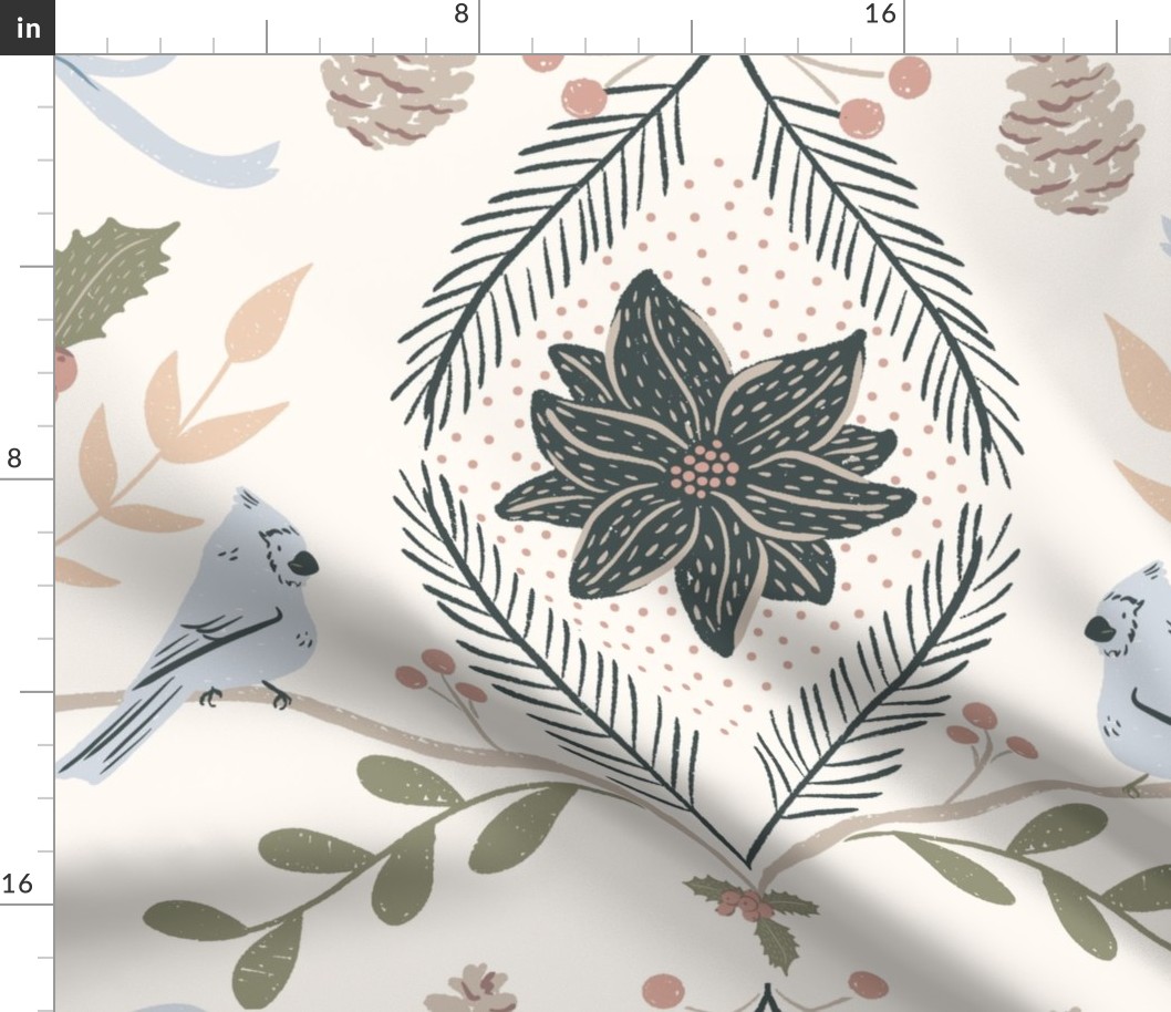 large winter wonderland holiday birds, greenery and poinsettia in eggshell white, navy blue, cornflower blue and beige
