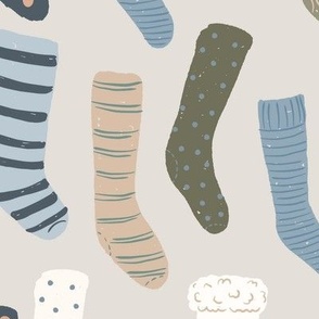 medium Stockings Hung with care in grey, navy blue, olive green, artichoke and cornflower blue