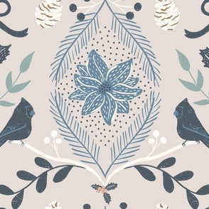 medium winter wonderland holiday birds, greenery and poinsettia in taupe, navy blue, and eggshell white