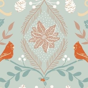 small winter wonderland holiday birds, greenery and poinsettia in teal, crimson red, and cream