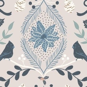 small winter wonderland holiday birds, greenery and poinsettia in taupe, navy blue, and eggshell white