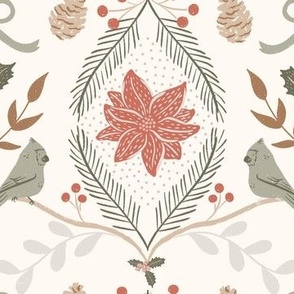 small winter wonderland holiday birds, greenery and poinsettia in eggshell white, artichoke green and crimson red