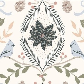 small winter wonderland holiday birds, greenery and poinsettia in eggshell white, navy blue, cornflower blue and beige