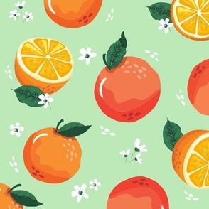 Seamless citrusy pattern with oranges and white flowers 