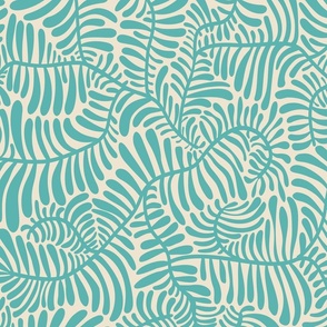 Twist Performance in Teal- curvy twisted tropical  fern fronds  foliage leaves in delicate soft teal blue and cream tan pastel colors