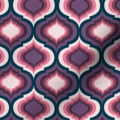 Magical retro lantern geometric, quatrefoil ogee - purple, bubblegum pink, and piglet on Prussian blue - Magical Meadow Collection - small