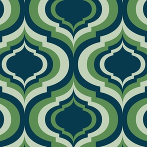 Magical retro lantern geometric, quatrefoil ogee - kelly green and pastel green on Prussian blue - Magical Meadow Collection - large