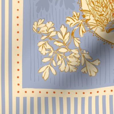 Statue Serenity: Riviera Picnic Inspired by French Country Elegance with Blue, Red, Cream, and Goldenrod
