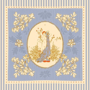 Statue Serenity: Riviera Picnic Inspired by French Country Elegance with Blue, Red, Cream, and Goldenrod