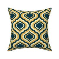 Magical retro lantern geometric, quatrefoil ogee - sunray yellow and butter on Prussian blue - Magical Meadow Collection - medium