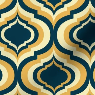 Magical retro lantern geometric, quatrefoil ogee - sunray yellow and butter on Prussian blue - Magical Meadow Collection - medium