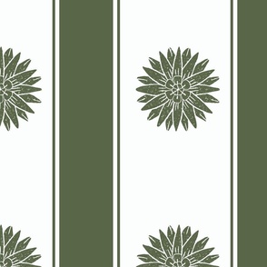 Christmas green ticking stripes and block printed flowers - large scale