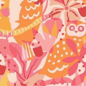 Red and pink - jumbo - Maximalist Moody Owl Jungle Wallpaper ©designsbyroochita updated