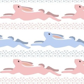 Baby Blue and Baby Pink Leaping Bunny Stripe on White