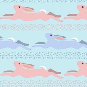 Baby Blue and Baby Pink Leaping Bunny Stripe on Sky Blue
