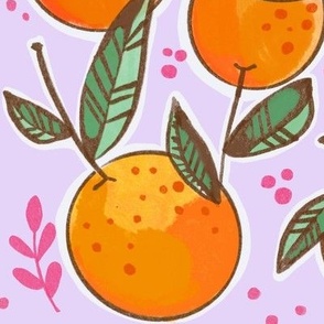 Hand drawn oranges on lilac lavender with leafy sprigs and texture dots large scale pattern