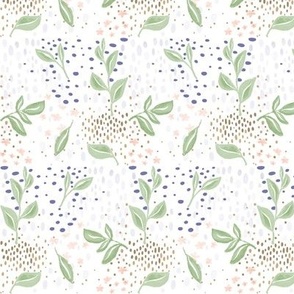 painted sage green leaf sprigs on white background with texture pattern in coral pink, blue, and brown