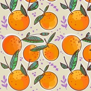Hand drawn oranges on beige cream with leafy sprigs and texture dots large scale pattern