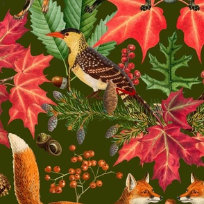 Fall Fox Forest Vintage Botanical Pattern Symmetrical On Green Large Scale
