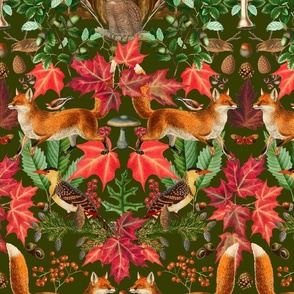 Fall Fox Forest Vintage Botanical Pattern Symmetrical On Green Medium Scale