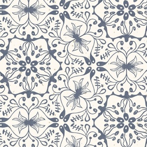 Large Non-Directional Geometric Abstract Floral Botanical in Steel Blue on Cream