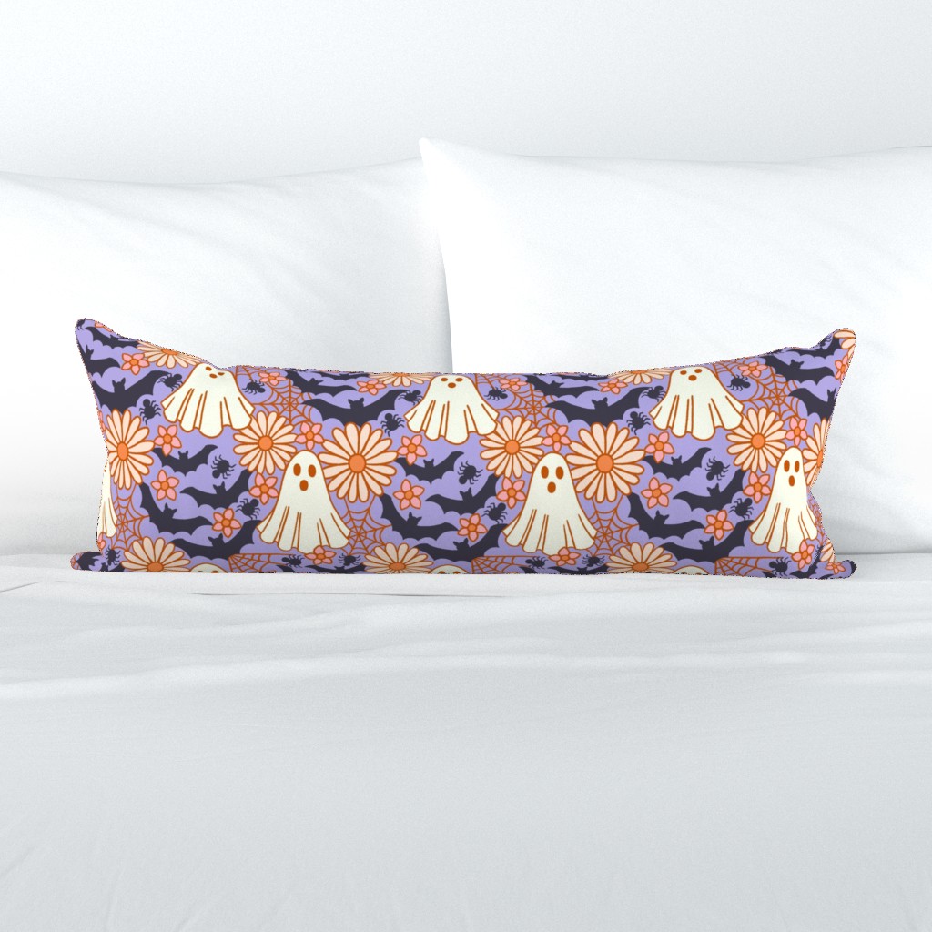 Spooky Retro Floral Ghosts, Bats, and Spider Webs on Periwinkle Blue for Halloween Large Retro Halloween Floral Ghosts with Bats and Spider Webs on Periwinkle Purple