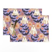 Spooky Retro Floral Ghosts, Bats, and Spider Webs on Periwinkle Blue for Halloween Large Retro Halloween Floral Ghosts with Bats and Spider Webs on Periwinkle Purple