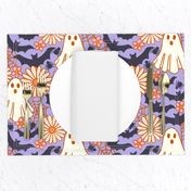 Spooky Retro Floral Ghosts, Bats, and Spider Webs on Periwinkle Blue for Halloween Large Retro Halloween Floral Ghosts with Bats and Spider Webs on Periwinkle Purple