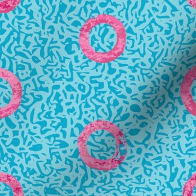 Bold Rings & Dots Collage with Concrete Texture - Turquoise & Hot Pink