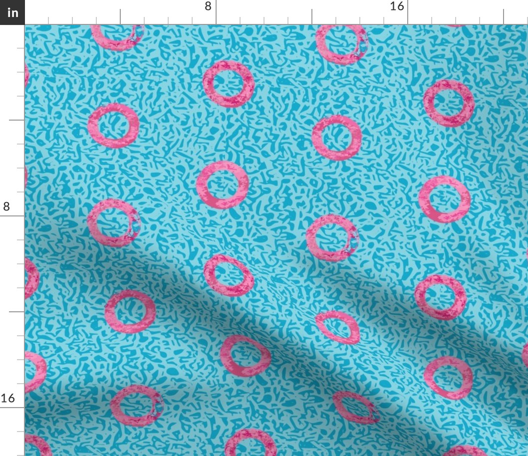 Bold Rings & Dots Collage with Concrete Texture - Turquoise & Hot Pink