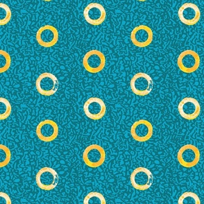 Bold Rings & Dots Collage with Concrete Texture - Teal & Yellow