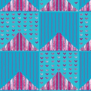 Bold Triangles Collage Checkboard with Chevron & Stripes - Pink & Turquoise