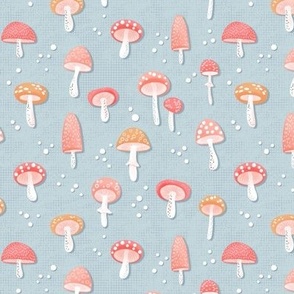 Bright Pink, yellow, red mushrooms on pastel blue background, medium  scale