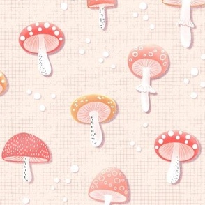 Pink, yellow and red mushroom nursery wallpaper  on pastel pink, large scale