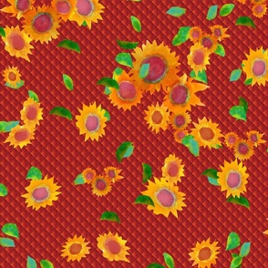 Les Fleurs de  le Soleil - Flowers of the Sun on Quilted Red 