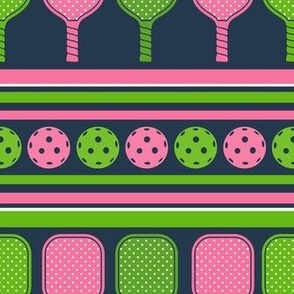 Medium Scale Preppy Stripes Pickleball Paddles and Balls in Pink and Green on Navy