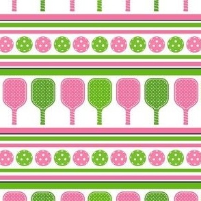Small Scale Preppy Stripes Pickleball Paddles and Balls in Pink and Green on White