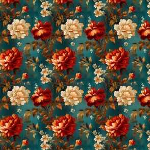 Rustic Teal Enchantment--Red and Cream Floral Chintz pattern with a teal background