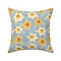 Delicate Daffodil Floral Hand-Drawn with Subtle Texture on a Dusty Blue Ground Color