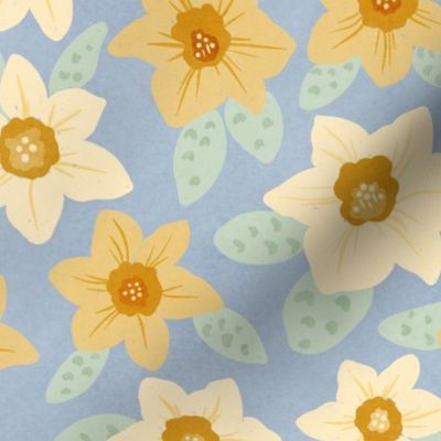 Delicate Daffodil Floral Hand-Drawn with Subtle Texture on a Dusty Blue Ground Color