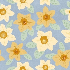 Delicate Daffodil Floral Hand-Drawn with Subtle Texture on a Dusty Blue Ground Color