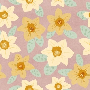 Delicate Daffodil Floral Hand-Drawn with Subtle Texture on a Dusty Mauve Ground Color_Large