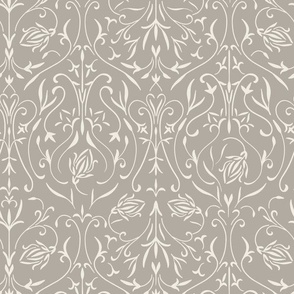 damask 02 - cloudy silver taupe _ creamy white  - traditional wallpaper