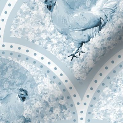 French Country Farmhouse Toile de Jouy, Nesting Hen & Farmyard Rooster, Chicken on Blue White Speckled Eggs (Large Scale)