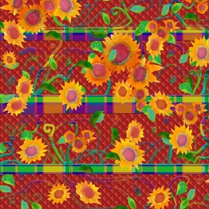 Les Fleurs de Provence on Red Quilt, Blue Green Plaid